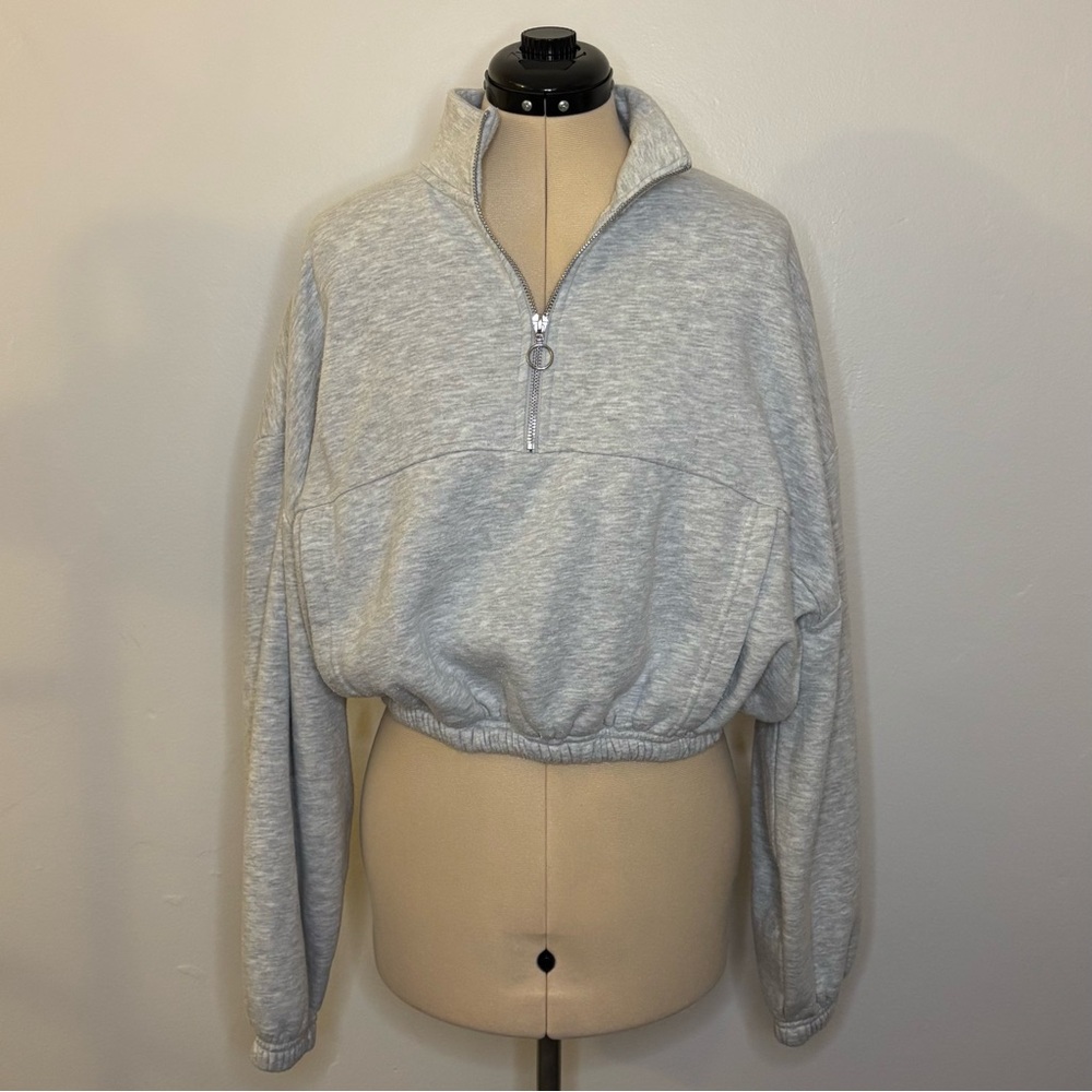 Lazy Sunday Half Zip Cropped Sweatshirt, light heather gray, puffed sleeves, L